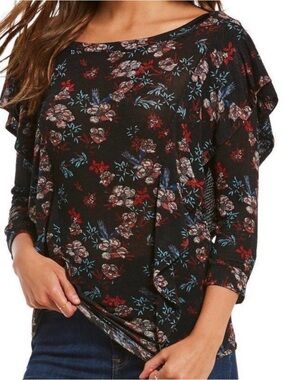 Free People Sheer Floral Ruffle Boho Blouse Black Medium